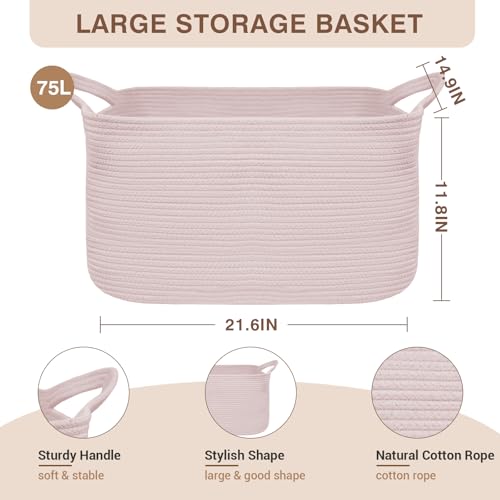 YOUDENOVA Large Blanket Basket, Rectangle Cotton Rope Storage Basket, Pink - color: Light Pink