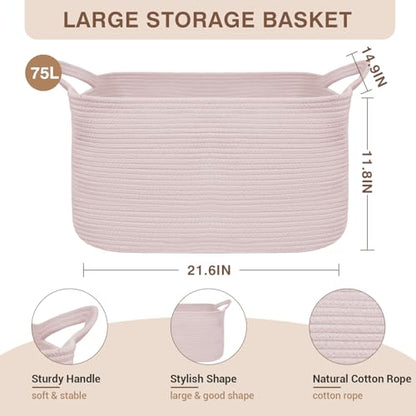 YOUDENOVA Large Blanket Basket, Rectangle Cotton Rope Storage Basket, Pink - color: Light Pink