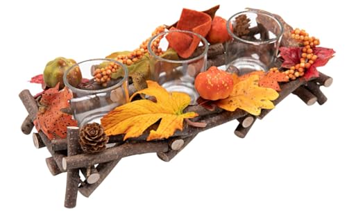 Candle Holder Autumn Decoration, Handmade Candle Holder, Wooden Tea Light Holder, Autumn Decoration with 3 Glass Cups, Lantern, Autumn Decorative Candle Holder, Fall Decor Aesthetic Indoor