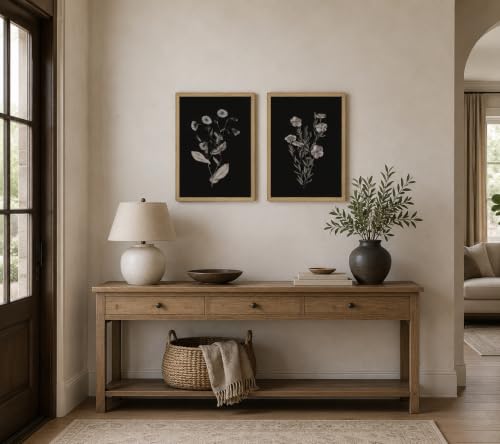 2Pcs Framed Canvas Botanical Wall Art Black Floral Print 12x16 Inch - color: Blackened flowers, size: 16"L x 12"W