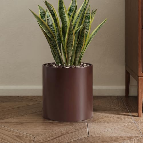 7 Inch Coffee Metal Plant Pot with Drainage Hole, Indoor Outdoor - color: Coffee