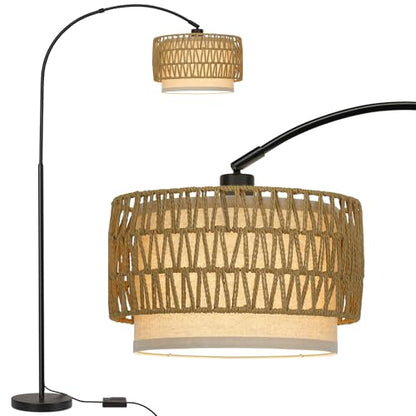 Rattan Floor Lamp, Dimmable Arc Floor Lamps with Adjustable Head - color: Black Base with Rattan Shade