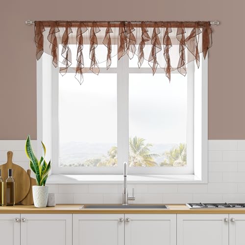 PearAge Ruffled Voile Semi Sheer Curtain Valance, Kitchen Living Room Shabby Chic Ruffle Valance Curtains, Girls Daughters Bedroom Cascade Window Valance 52x26 Inches (Brown-Triangle) - color: Brown