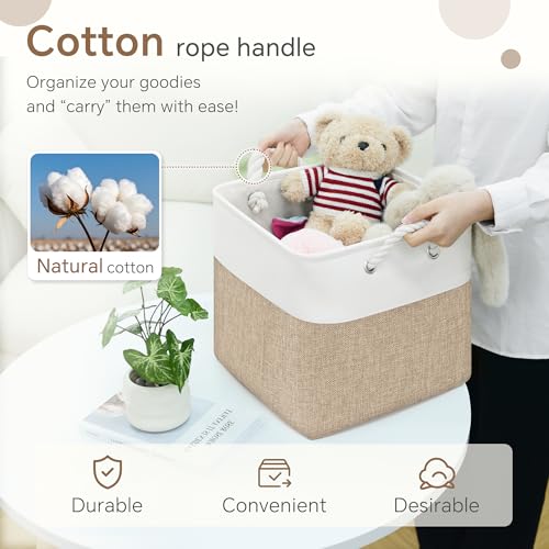 FinishingBo 11 inch Cube Storage Bin with Handles 6 Pack - color: White/Khaki-6 Pack