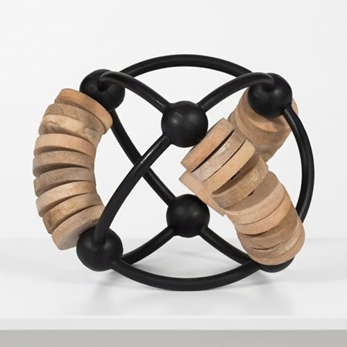 Home and Office Ornament for Living Room Decor – Unique Metal Abacus Orb with Wood Disc Detailing – Sculptural Home Decor for Shelf, Office, Coffee Table, or Bathroom Accent – 6" Black & Brown - size: 6.0" H
