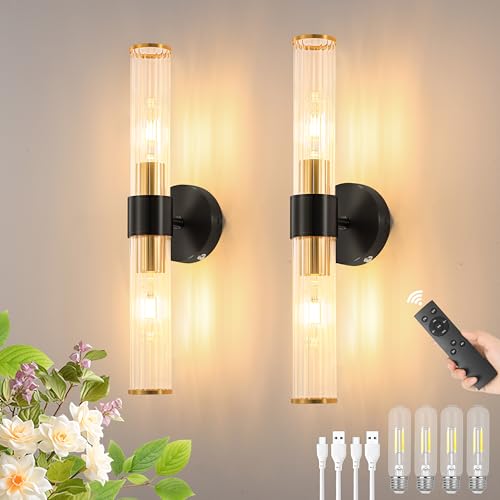 Black Gold Battery Operated Wall Sconces Set of Two, Sconces Wall Decor - color: Black Gold