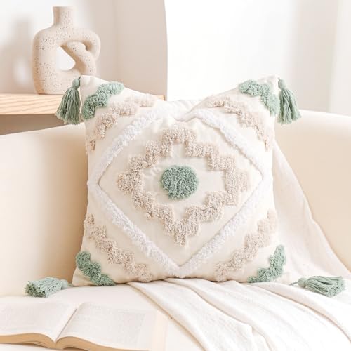 NUYECY Decorative Farmhouse Throw Pillow Covers 16 x 16,Modern Neutral Couch Pillow Cover,Cotton Checked Pattern Boho Square Pillow Case Cover for Couch Bed Sofa Bedroom,Green&Beige&White - color: Green, size: 16" x 16" (Pack of 1)
