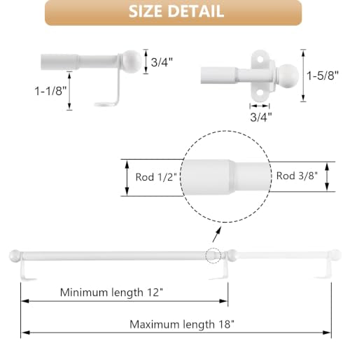Cafe Curtain Rod 12-18 Inch, 1/2" Diameter, Door Curtain Rod, White - color: White, size: 12-18 Inch