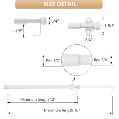 Cafe Curtain Rod 12-18 Inch, 1/2" Diameter, Door Curtain Rod, White - color: White, size: 12-18 Inch