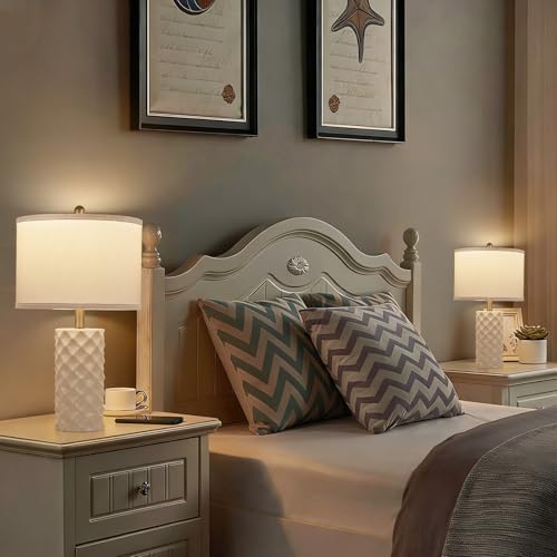 Star Diamond Ceramic Table Lamps Set of 2 - Beige Nightstand Lamps 23" - color: Gentle Beige