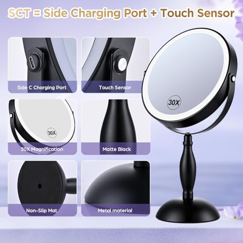 30X Magnifying Mirror with Lights-Matte Black 8" Dual Sided - color: Matte Black