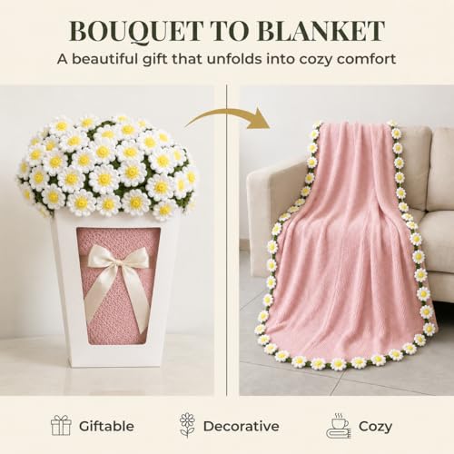 Daisy Crochet Flower Bouquet Blanket, Handmade Knitted Throw Blanket - color: Pink Daisy, size: Medium