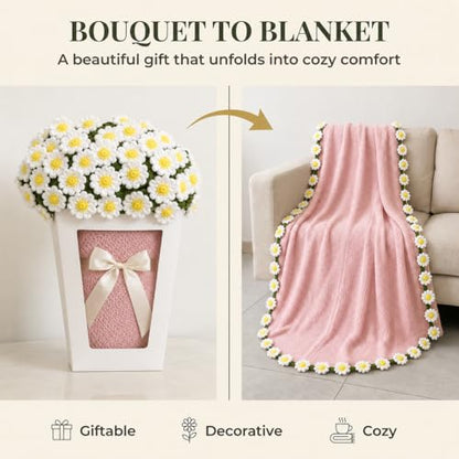 Daisy Crochet Flower Bouquet Blanket, Handmade Knitted Throw Blanket - color: Pink Daisy, size: Medium