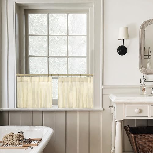 Lino Rosa Yellow 18 Inch Length Striped Kitchen Pinch Pleat Small Curtains with Hooks for Bathroom Windows - color: Yellow, size: 24"W x 18"L (Pack of 2)