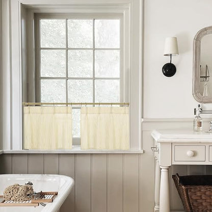 Lino Rosa Yellow 18 Inch Length Striped Kitchen Pinch Pleat Small Curtains with Hooks for Bathroom Windows - color: Yellow, size: 24"W x 18"L (Pack of 2)