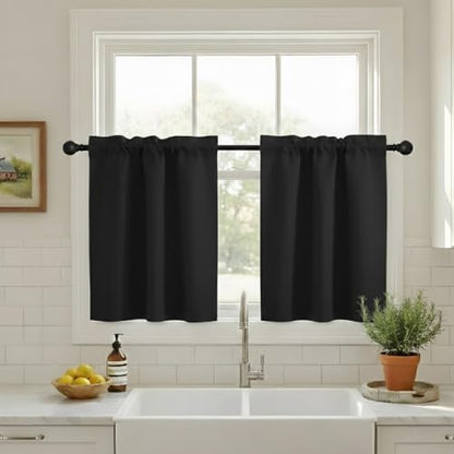 NICETOWN Small RV Camper Window Curtains, Thermal Insulated Rod Pocket Privacy Curtain Tiers Soild Room Darkening Shades for Kitchen Cabinet Cupboard Closet Halloween, Black, W34 x L30 inches, 1 Pair - color: Black, size: 34"W x 30"L (Pack of 2)