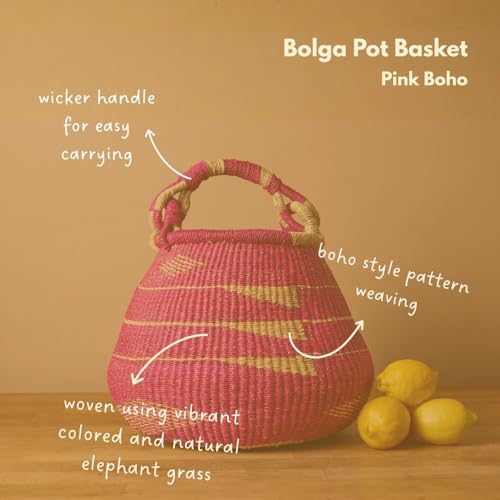 African Bolga Harvest Basket with Handle, 16-Inch Geometric Pink Woven Market Basket for Garden Vegetables, Shopping and Storage - size: Geometric Pink