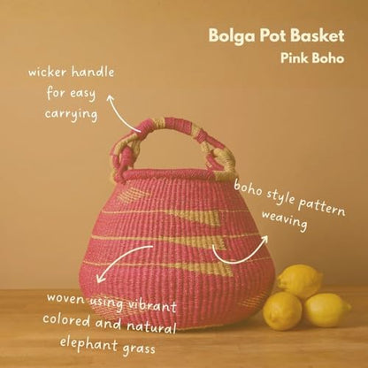 African Bolga Harvest Basket with Handle, 16-Inch Geometric Pink Woven Market Basket for Garden Vegetables, Shopping and Storage - size: Geometric Pink