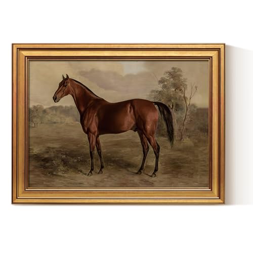 VIYYIEA Gold Framed Canvas Prints Art,12x16Inch, Vintage Horse Painting, Rustic Farmhouse Cottage Equestrian Wall Decor for Bathroom Bedroom Hallway shelf bookshelf Library, Earthy Tones - color: Classic Brown Horse, size: 16"L x 12"W