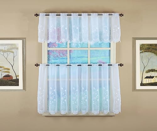 Today's Curtain, Sorento Embroidered Sheer Tier 24", White, 59" W x 24" L