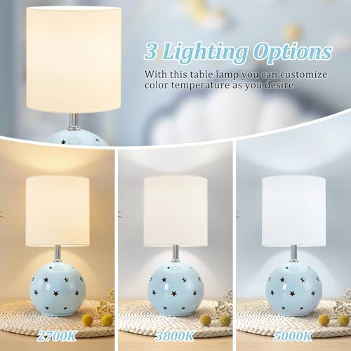 Small Table Lamp, 14" Blue Ceramic Bedside Lamp for Girls Kids Bedroom,Dorm - color: Blue