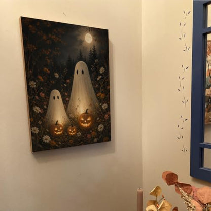 Halloween Wall Art Decor Ghost Pumpkin Wildflowers Canvas Print Framed - color: D