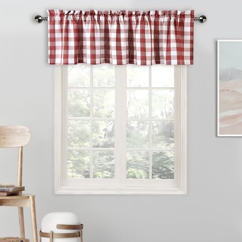 Amzdecor Red White Buffalo Plaid Valance Semi Sheer Cafe Curtain 55"x15" - color: White/Red