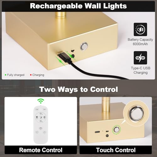 Battery Operated Wall Sconce, 3000K-6000K Dimmable Gold Wall Lights with Remote Control, Timable LED Wireless Wall Sconces, 350° Ratate for Bathroom, Living Room, Hallway 29.1 Inch 1 Pack - color: Gold, size: 29.1in(1 Pack)