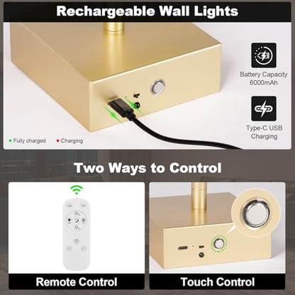 Battery Operated Wall Sconce, 3000K-6000K Dimmable Gold Wall Lights with Remote Control, Timable LED Wireless Wall Sconces, 350° Ratate for Bathroom, Living Room, Hallway 29.1 Inch 1 Pack - color: Gold, size: 29.1in(1 Pack)