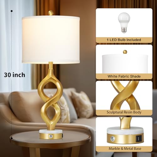 Cinyirong 30" White and Gold Table Lamp for Living Room, Modern Touch Control Bedside Lamp for Bedroom, 3-Way Dimmable Sculptural Resin Nightstand Lamp with USB A+C Ports and 1 LED Bulb (1 Pack) - color: White & Gold (1 Pack)