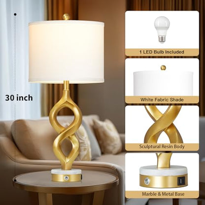 Cinyirong 30" White and Gold Table Lamp for Living Room, Modern Touch Control Bedside Lamp for Bedroom, 3-Way Dimmable Sculptural Resin Nightstand Lamp with USB A+C Ports and 1 LED Bulb (1 Pack) - color: White & Gold (1 Pack)