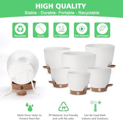 Self Watering Planter with Visual Water Level, 6Pack Small Plastic Pot Set with Drainage Holes and Reservoir Saucers, Modern 8+7+6.5+6+5.5+5 Inch Bottom Watering Flower Pots for Indoor Plant - White - color: White-small