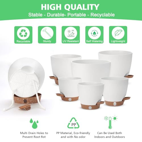 Self Watering Planter with Visual Water Level, 6Pack Small Plastic Pot Set with Drainage Holes and Reservoir Saucers, Modern 8+7+6.5+6+5.5+5 Inch Bottom Watering Flower Pots for Indoor Plant - White - color: White-small