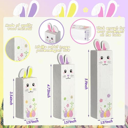 BBTO 3 Pcs Easter Table Decor Bunny Wooden Tiered Tray Decor Rabbit Tabletop Decoration Block Sign Table Centerpiece for Spring Home Decoration Home Shelf Office Kitchen Desk Party Supply(Bunny) - style: Bunny