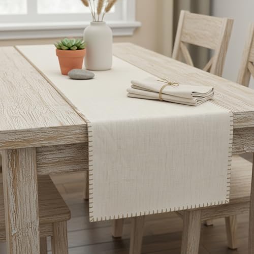 Cotton Table Runner 72 inches Long Decorative Stitched Edge Kitchen Table Runner Bedroom Dresser Scarf Dining Room Table Topper Washable Textured Fabric Runner Furniture Top Cover Beige - color: Beige, size: 14"x 72"