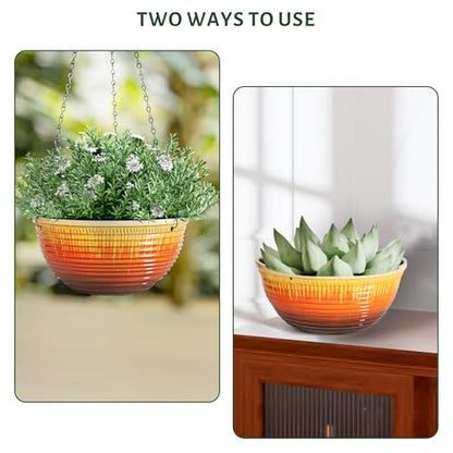 10 Inch Glazed Hanging Planters 2 Pack, Hanging Baskets with Drainage Hole - color: Orange Glaze, size: 10 inch