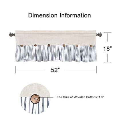 DOSLY Ides Farmhouse Rustic Cotton Valance Curtain, Navy Blue Striped Pleated Design with Coconut Buttons, Multi-Room Window Treatment for Kitchen Living Room Bedroom, 52x18 Inch - color: Linen & Blue Striped, size: 52"W x 18"L (Pack of 1)