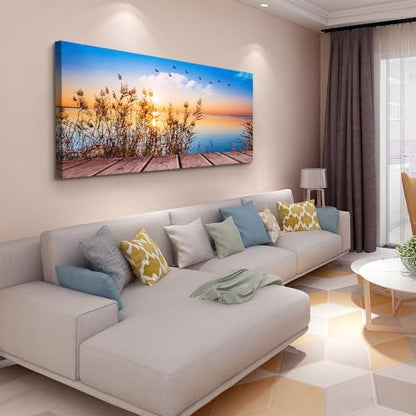 MHARTK66 Large Coastal Beach Sunset Canvas Wall Art for Living Room, 60x30 - color: Blue Sunrise Scenery (Wrapped Canvas), size: 60"L x 30"W