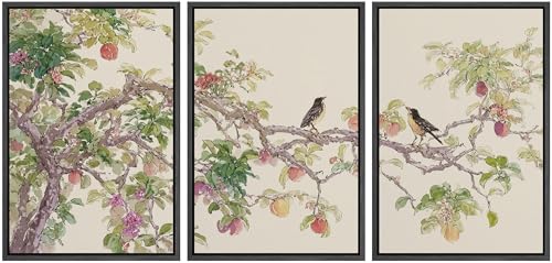 wall26 Framed Print Wall Art Set Watercolor Fruit Tree Branch with Birds Botanical Decorative Minimal Relax/Zen for Living Room, Bedroom, Office - 16"x24"x3 BLACK - color: A18-2601-M03, size: 16" x 24" x 3 Panels BLACK