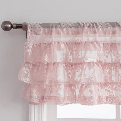Kotile Pink Ruffle Lace Valance for Windows W52 x L18 Inch, 1 Panel - color: Pink - Ruffle Lace