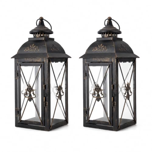 TRIROCKS Set of 2 Vintage Hanging Lantern - 13.5'' Decorative Metal & Tempered Glass Candle Holder - Ideal for Indoor/Outdoor Events, Patio, Garden, Parties Black & Gold Brush Finish - color: Black, size: Set of 2