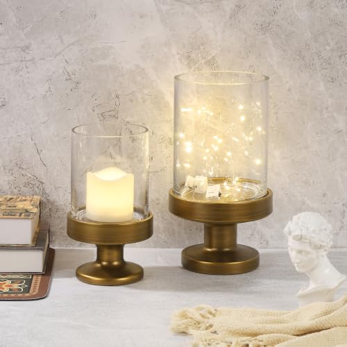 Glass Hurricane Candle Holders and Glass Vase with Minimalism Metal Base in Antique Brass, Handmade and Sturdy Glass, Pillars, Flower Arrangement, Centerpiece, Dining Table (Antique Brass, 6"x11") - color: Antique Brass, size: 6"x11"