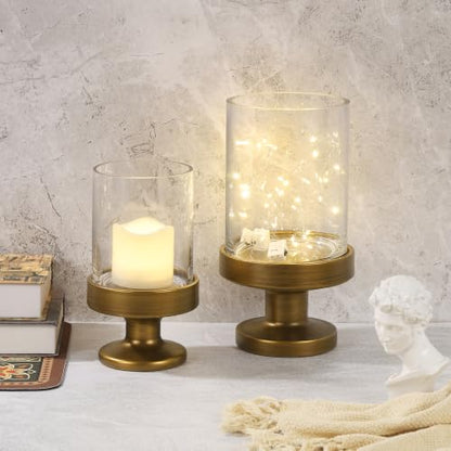 Glass Hurricane Candle Holders and Glass Vase with Minimalism Metal Base in Antique Brass, Handmade and Sturdy Glass, Pillars, Flower Arrangement, Centerpiece, Dining Table (Antique Brass, 6"x11") - color: Antique Brass, size: 6"x11"