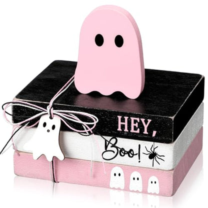 GlikCeil 4 Pcs Halloween Ghost Table Decorations Spooky Wooden Signs,Pink - color: Pink