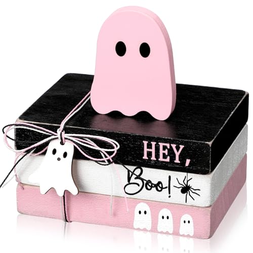 GlikCeil 4 Pcs Halloween Ghost Table Decorations Spooky Wooden Signs,Pink - color: Pink