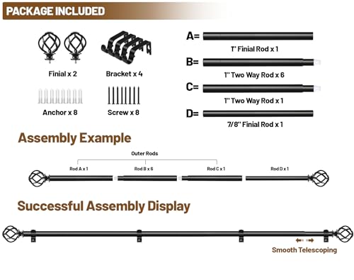 KAMANINA Black Curtain Rod for Windows 66 to 120 Inch, Long Drapery Rods - color: Black, size: 66-120"