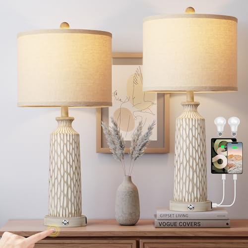 QiMH 26" Lamps for Bedroom, Farmhouse Table Lamp Set of 2, Off-White - color: Beige white