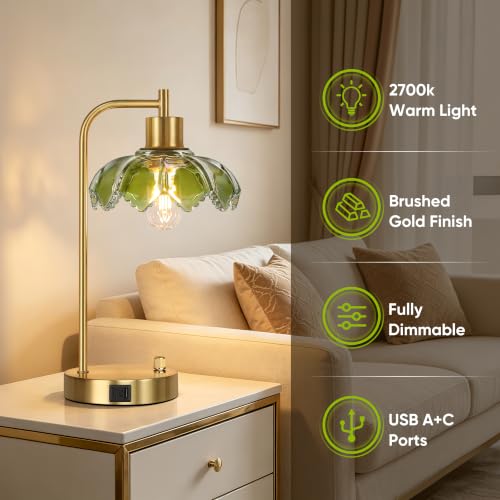 Glass Table Lamps Set of 2, Green Dimmable Bedside Lamps for Living Room - color: Gold&Green-2