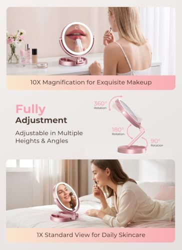 Lighted Travel Makeup Mirror,1X/10X Magnification,3 Light Modes, Rose Gold - color: Gold