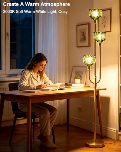 3-Light Glass Floor Lamp 66IN Modern Green Glass Gold Dimmable Floor Lamps - color: Green Tulip-Gold